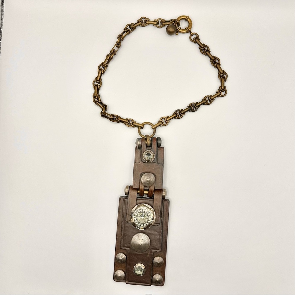 Lanvin Paris Crystal & Copper Studded Leather Statement Necklace RARE - Picture 2 of 8